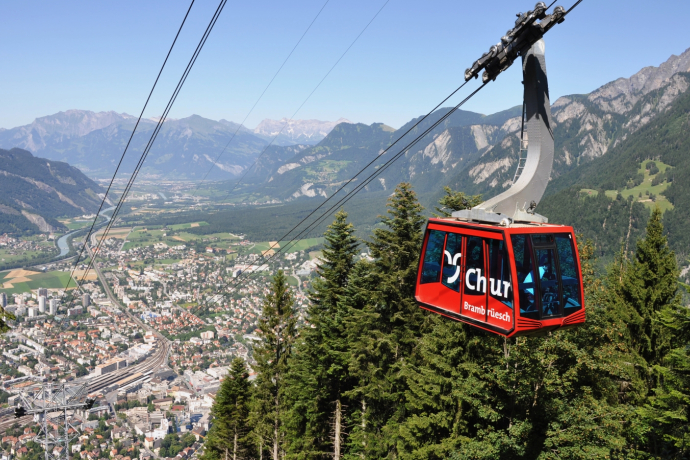 Chur mountain railways in summer with a view of the city of Chur and the Rhine Valley Chur mountain railways in summer with a view of the city of Chur and the Rhine Valley