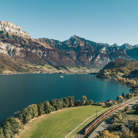 Zug der Schweizerischen Südostbahn am Walensee