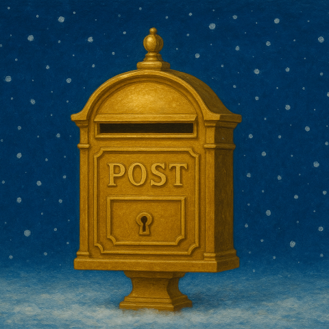 Illustration eines goldenen Briefkastens mit der Aufschrift "POST" vor dunkelblauem Hintergrund mit fallenden Schneeflocken.