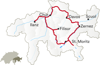 Route Alpine Circle Karte von Graubünden, bei der in rot die Strecke des Alpine Circle eingezeichnet ist.