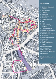 Stadtkarte von Chur mit dem Adventsfenster Rundgang eingezeichnet und einer Legende