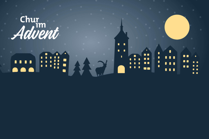 Grafisches Logo von Chur im Advent, Silhouette von Chur mit einem Steinbock und Tannenbäume, Fenster sind beleuchtet, der Vollmond scheint