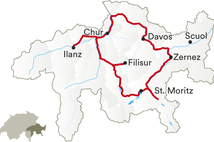 Karte von Graubünden, bei der in rot die Strecke des Alpine Circle eingezeichnet ist. 