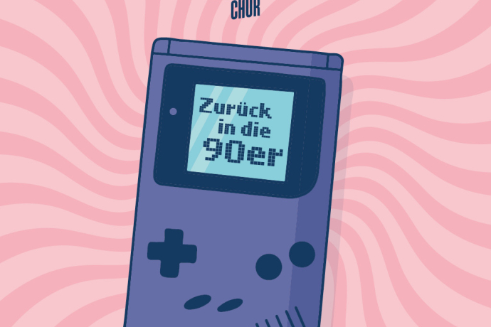 Illustration of a retro handheld game console with "Zurück in die 90er" on the screen. Pink spiral background