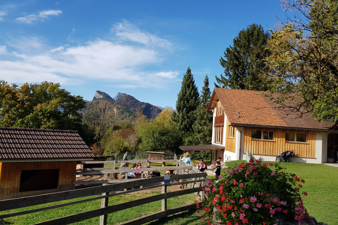 Heididorf Maienfeld (© Michael Christ) Heididorf in Maienfeld mit traditionellem Holzhaus, Blumenbeet und Alpenpanorama im Hintergrund