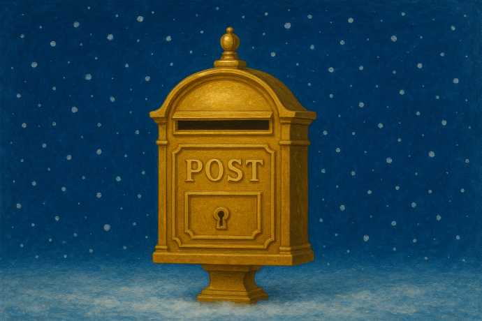 Illustration eines goldenen Briefkastens mit der Aufschrift "POST" vor dunkelblauem Hintergrund mit fallenden Schneeflocken.