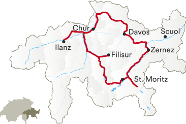 Karte von Graubünden, bei der in rot die Strecke des Alpine Circle eingezeichnet ist. 